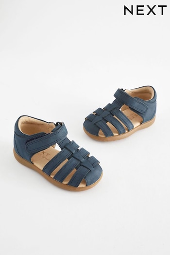 Navy Standard Fit (F) Baby Touch Fastening Leather First Walker Sandals (Q67861) | £22