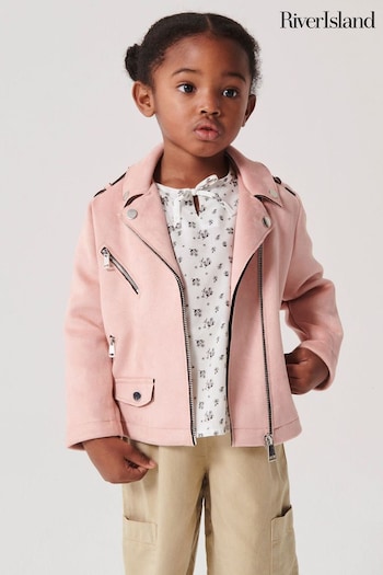 River Island Pink Mini Girls Suedette Biker Jacket (Q67914) | £30