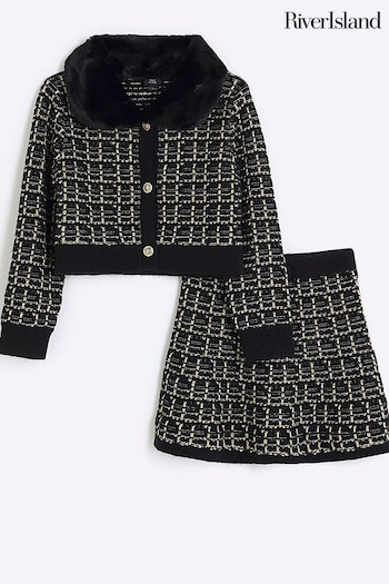 River Island Black Girls Boucle Fur Collar Cardigan Set (Q67921) | £40 - £52