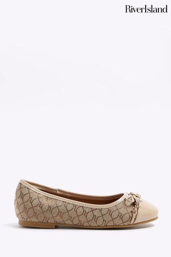 River Island Brown Girls Mongram Jacquard Ballerinas (Q67928) | £18