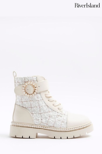 River Island Cream Girls Boucle Pearl Buckle Boots (Q67929) | £35