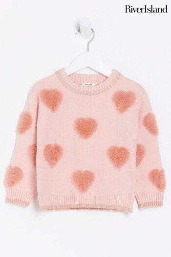 River Island Pink Girls Fluff Heart Jumper (Q67975) | £22