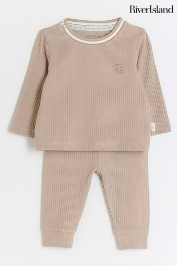 River Island Brown Baby Shirt Tipped Rib Set (Q67989) | £14