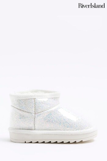 River Island White Girls Glitter Vinyl Cosy Boots (Q68025) | £25