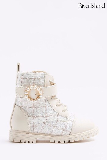 River Island Cream Girls Boucle Pearl Buckle Boots (Q68030) | £32