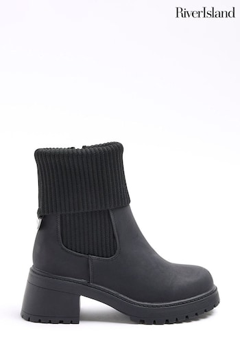 River Island Black Girls Black Knit Turn Down Heel Boot (Q68041) | £32