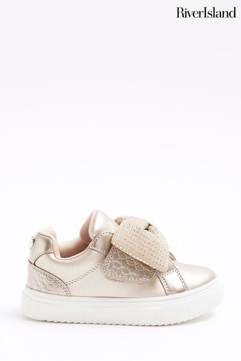 River Island Gold Girls Rose Diamonte Bow Plimsoll Trainers (Q68049) | £18