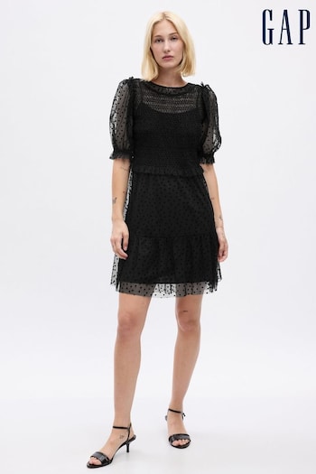 Gap Black Puff Sleeve Mesh Mini Dress (Q68074) | £65