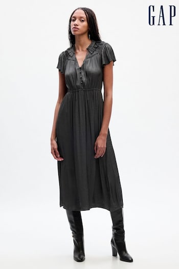 Gap Charcoal Grey Ruffle Neck Short Sleeve Midi Dress (Q68131) | £70