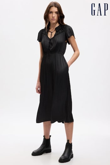 Gap Black Ruffle Neck Short Sleeve Midi Dress (Q68146) | £70