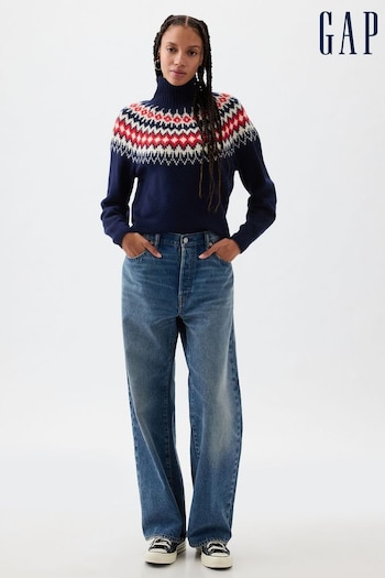 Gap Navy & Red Relaxed Forever Cosy Fair Isle Turtle Neck Jumper (Q68149) | £60