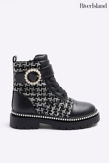 River Island Black Girls Boucle Pearly Buckle Boots (Q68153) | £35