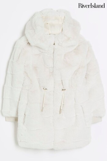 River Island Cream Girls Cinched Faux Fur Coat (Q68157) | £50 - £68