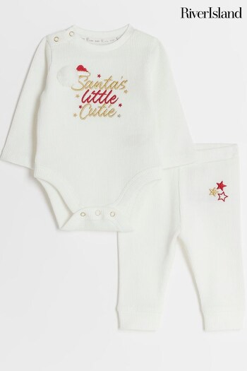 River Island White Unisex Baby Waffle Santas Little Cutie Sweat Top And Joggers (Q68158) | £18