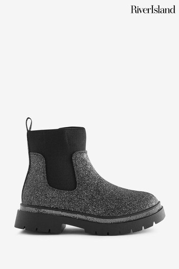 River Island Black Girls Glitter Diamonte Chelsea Boots (Q68172) | £35