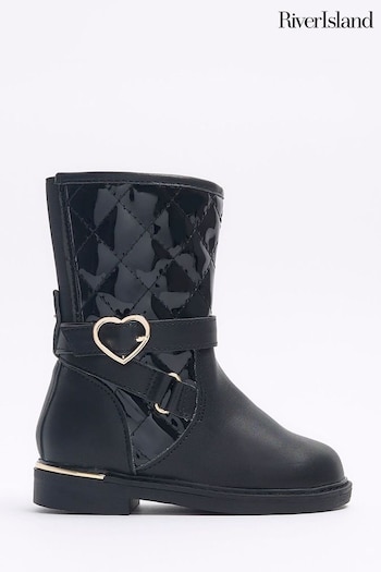 River Island Black Girls Heart Buckle Knee High Anton Boots (Q68173) | £35