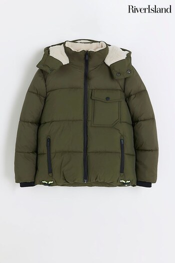 River Island Green Boys Borg Trim Puffer Jacket (Q68176) | £42 - £55