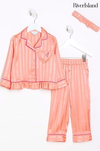 River Island Pink Girls Stripe Jacquard Satin Pyjamas (Q68179) | £25