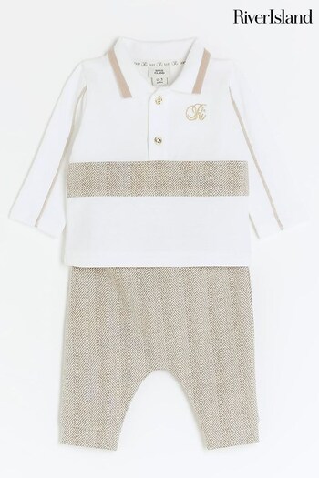 River Island Cream Herringbone Baby Boys Jogger Set (Q68182) | £22