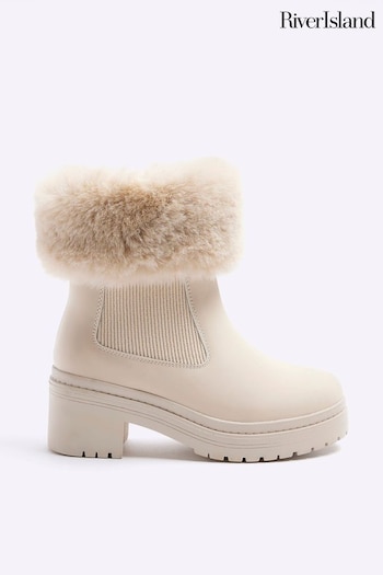 River Island Cream Girls Faux Fur Cuff Heel Boots Pay (Q68183) | £35