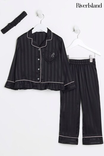 River Island Black Girls Peplum Striped Satin Pyjamas (Q68185) | £25