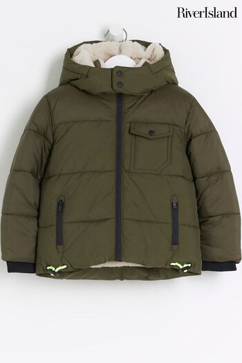 River Island Green Boys Borg Trim Puffer Jacket (Q68189) | £40