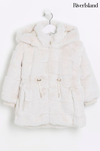River Island Cream Girls Cinched Faux Fur Coat (Q68190) | £45