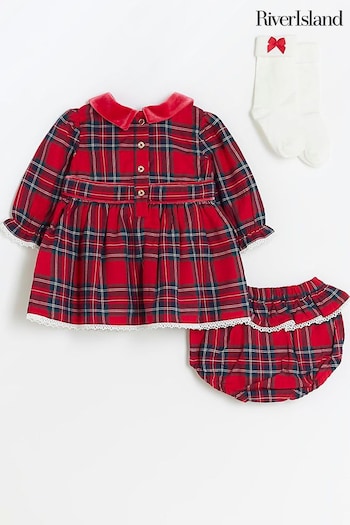 River Island Red Baby Girls Velvet Check Dress (Q68191) | £30