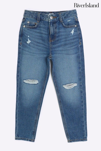River Island Blue Mom Girls Diamante Fishnet Knee Jeans Verde (Q68195) | £25 - £34