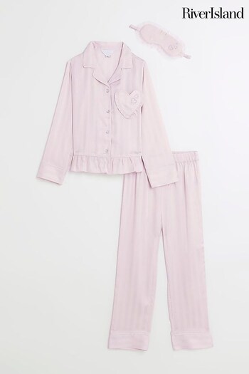 River Island Pink Girls Peplum Striped Satin Pyjamas (Q68198) | £28 - £35
