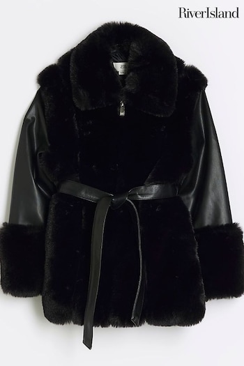 River Island Black Girls Faux Fur Wrap Coat (Q68212) | £48 - £60