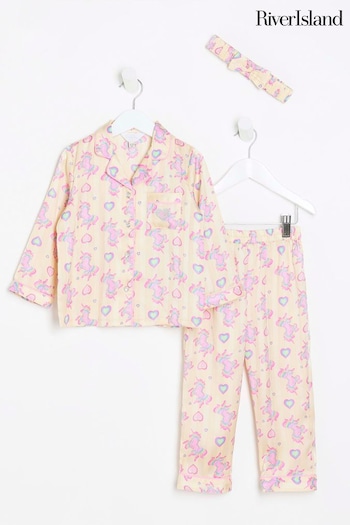 River Island Yellow Girls Unicorn Print Satin Pyjamas (Q68214) | £25