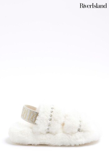 River Island White Girls Faux Fur Pearl Diamonte Slippers (Q68225) | £16