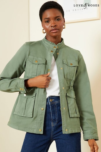 Custom Leather Sofas Khaki Green Utility Front Pocket Button Through Jacket (Q68233) | £58