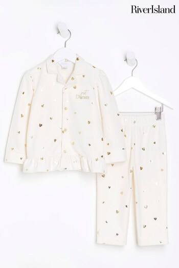 River Island Cream Girls Heart Print Button Up Pyjamas (Q68250) | £25