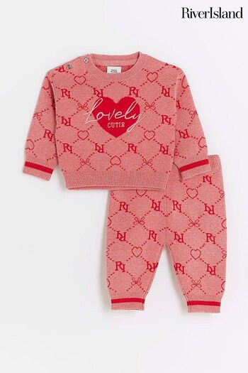 River Island Pink Baby Girls Monogram Knitted Jumper Set (Q68251) | £27