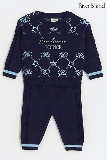 River Island Blue Baby Boys Monogram Knitted Jumper Set (Q68254) | £27