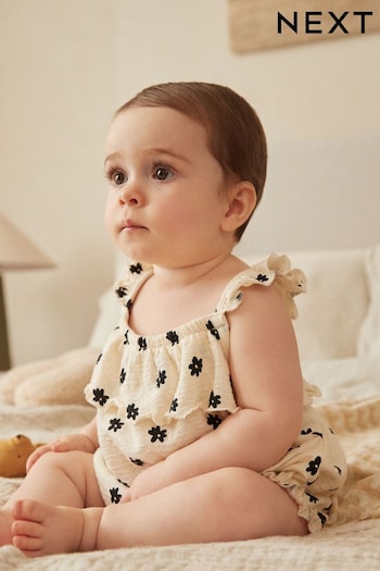 Cream/Black Floral Textured Strappy Baby Romper (Q68286) | £7 - £9