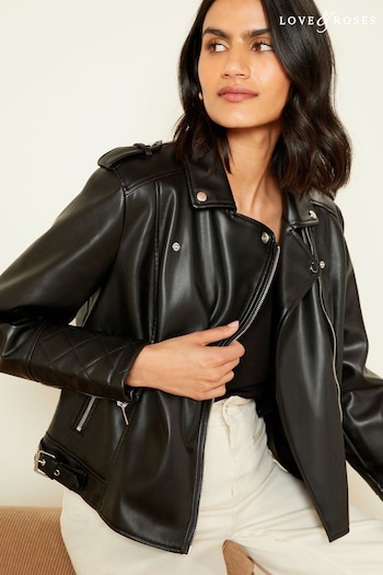 80s structured shoulder jacket Black Petite Faux Leather Buckle Biker Jacket (Q68288) | £64