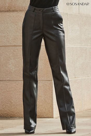 Sosandar Black Slim Wide Leg Faux Fur Leather Trousers (Q68420) | £65