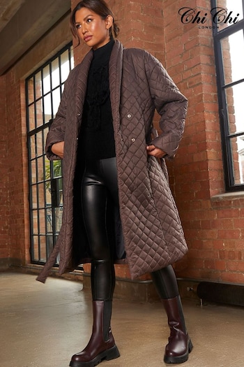 Chi Chi London Brown Diamond Quilted Longline Belted Coat (Q68499) | £95