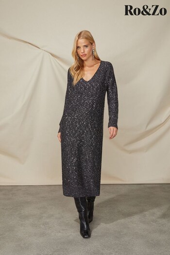 Ro&Zo Sparkle Sequin V-Neck Knitted Black Dress (Q68512) | £129