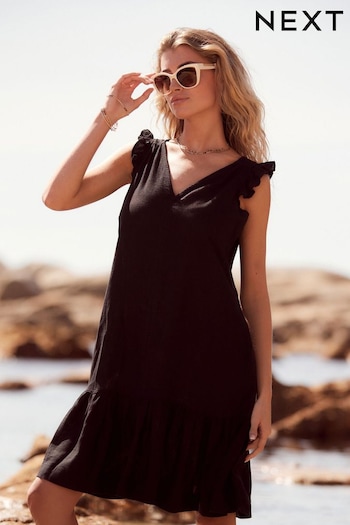 Black Linen V-Neck Blend Summer Sleeveless Shift Dress (Q68533) | £24