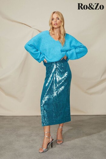 Ro&Zo Blue Liquid Sequin Twist Front Skirt (Q68542) | £89