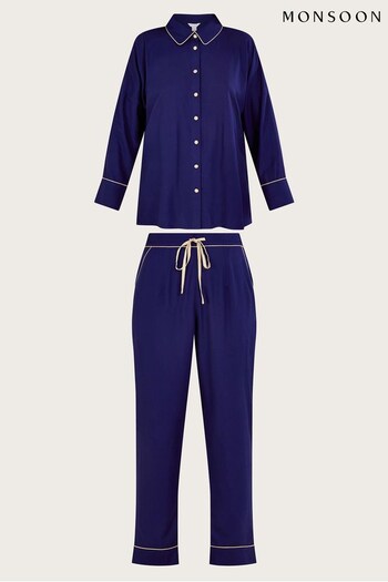 Monsoon Blue Prue Peacock Embroidered Pyjama Set (Q68560) | £69
