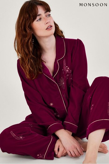 Monsoon Red Val Velvet Embroidered Pyjamas (Q68569) | £80