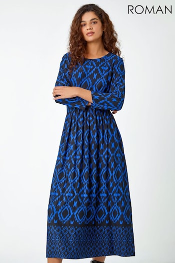 Roman Blue Roman Patterned Border Print Midi Stretch Dress (Q68681) | £40
