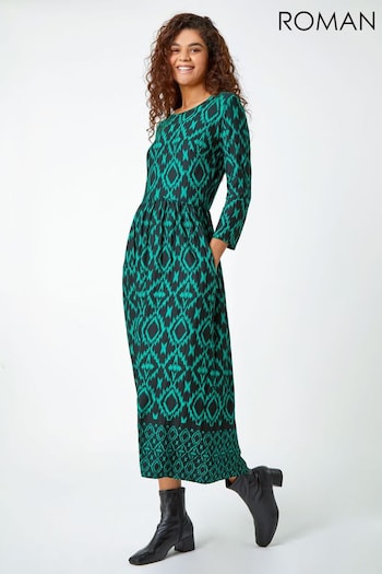 Roman Green Roman Patterned Border Print Midi Stretch Dress (Q68688) | £40