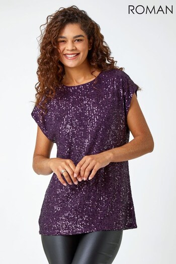 Roman Purple Sequin Embellished Stretch Tunic Top (Q68690) | £38