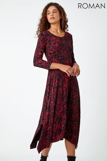 Roman Red Floral Pocket Detail Hanky Hem Dress (Q68693) | £38